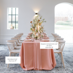 Roze tafelkleed met roze loper voor 21-dineraankleding.