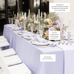 Lila tafelkleed met lila loper Lila tafelkleed met lila loper voor 21-diner in lente thema.