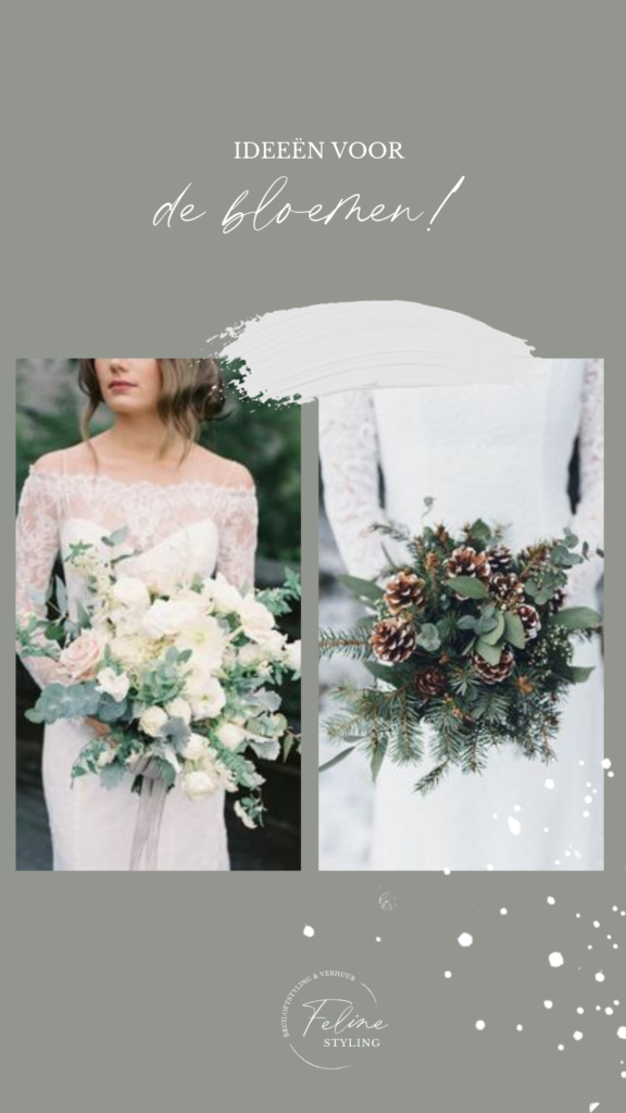 bruiloft winter bloemen trouwboeket dennenappels
