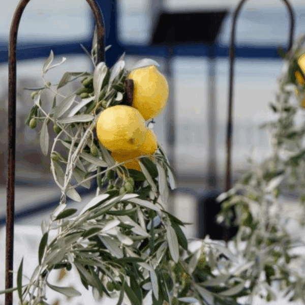 Tuinhaak met olijftak en citroen – mediterrane bruiloft styling Zwarte tuinhaak met citroen en olijftak – mediterrane bruiloft decoratie
