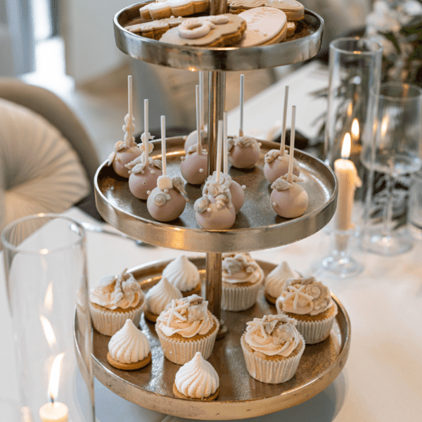 Gouden etagère met 3 lagen voor bruiloft dessert tafel Gouden etagère met 3 lagen met cupcakes en gebak op stijlvolle bruiloftstafel met bloemen en kaarsen