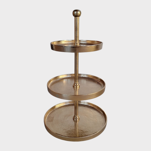 ronde etagere met drie lagen goud, geschikt voor bruiloft decoratie en high tea