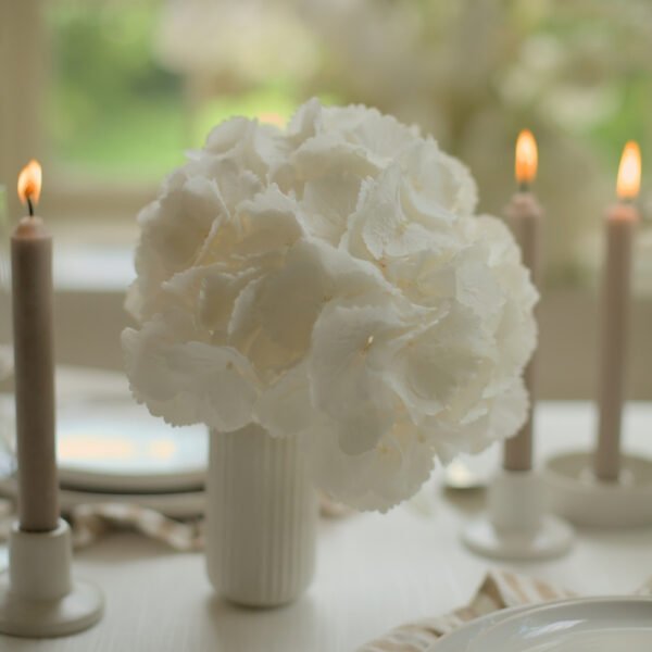 Wit ribbelvaasje huren Wit ribbelvaasje met witte hortensia tussen brandende kaarsen, als bruiloft tafelinspiratie