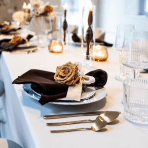 bruine servet op bord met goud bestek voor bruiloft tafelsetting