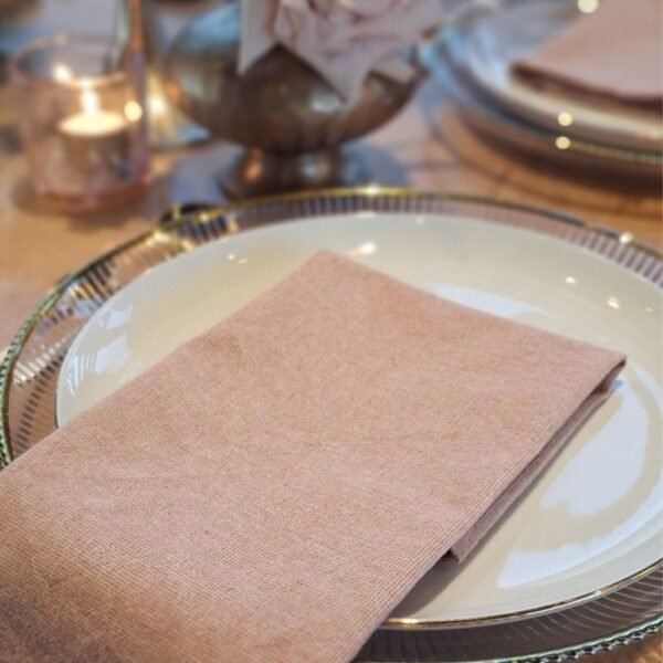 Terracotta roze servet op dinerbord Terracotta roze servet op wit dinerbord met gouden rand